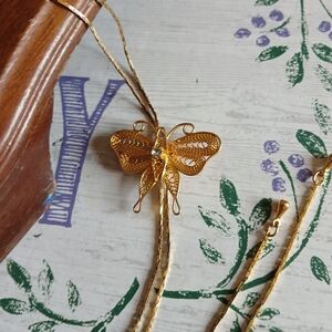 Vintage Gold Butterfly Filigree Necklace with Rhinestone Accent